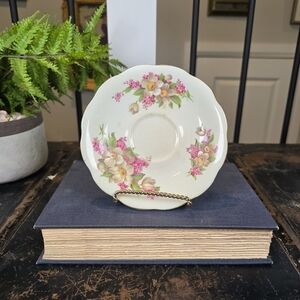 Vintage English Bone China Scalloped Saucer | Pink & Cream Anemone Floral 5.75"